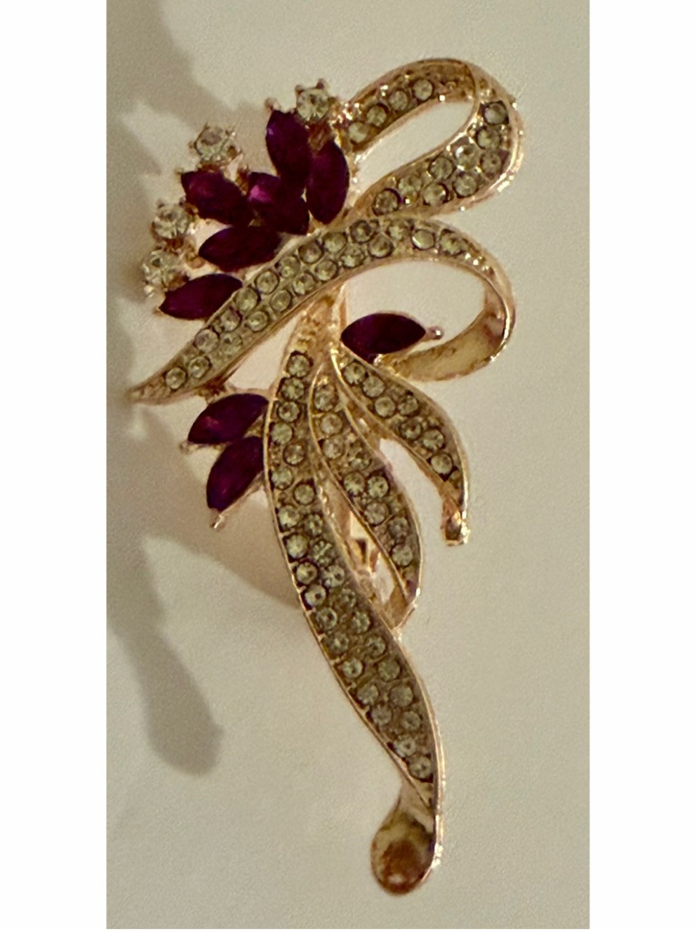 Vintage Style Purple Rhinestone Floral Ribbon Brooch Gold Tone Glam Pin